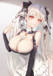 Rule 34 | 1girl, absurdres, arm at side, azur lane, between breasts, black bow, black dress, black ribbon, bow, breasts, cleavage, collarbone, commentary request, dress, eyelashes, fingernails, formidable (azur lane), frilled dress, frills, gem, grey hair, hair bow, hair ribbon, twirling hair, hand to head, hand up, highres, jewelry, large breasts, long hair, looking at viewer, parted lips, platinum blonde hair, red eyes, ribbon, sidelocks, solo, theleopardcat, twintails, two-tone dress, two-tone ribbon, very long hair, white dress, white ribbon