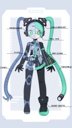 Rule 34 | 1girl, absurdres, ahoge, android, aqua eyes, aqua hair, aqua necktie, blueprint (medium), boots, bright pupils, cable, cable hair, cheri zao, closed mouth, commentary, concept art, cross-section, detached sleeves, expressionless, full body, green eyes, green hair, hatsune miku, headgear, headphones, highres, joints, long hair, looking at viewer, mechanical parts, mechanization, necktie, number tattoo, robot, robot girl, robot joints, science fiction, see-through, see-through skirt, see-through sleeves, skirt, solo, standing, straight-on, tattoo, twintails, very long hair, vocaloid