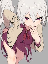 Rule 34 | 1girl, bare legs, beige jacket, breasts, brooch, commentary request, dress, eyes visible through hair, feathered wings, feet out of frame, fingernails, grey background, hair between eyes, hand on own hip, hand to own mouth, highres, jacket, jewelry, kishin sagume, knees, kness, leaning forward, legs, long sleeves, looking at viewer, marsen, medium breasts, neck ribbon, open clothes, open jacket, purple dress, purple eyes, red ribbon, ribbon, short hair, silver hair, simple background, solo, standing, thighs, touhou, white wings, wings