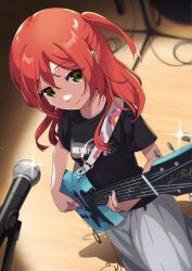 Rule 34 | 1girl, absurdres, black shirt, bocchi the rock!, breasts, closed mouth, commentary request, eyelashes, floral print, from above, glint, green eyes, guitar, hair between eyes, highres, holding, holding instrument, instrument, kita ikuyo, long hair, looking to the side, medium breasts, microphone, miu (angelo whitechoc), music, playing instrument, red hair, shirt, sidelocks, skirt, smile, solo, sparkle, spotlight, stage, standing, sweat, two side up, white skirt