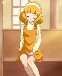 Rule 34 | 1girl, absurdres, blonde hair, commentary, dress, english commentary, closed eyes, hairband, highres, kise yayoi, nightstark, on bench, open mouth, overall skirt, precure, shirt, sitting, sleeping, sleeping upright, smile precure!, solo, sunlight, white headwear, yellow dress, yellow shirt