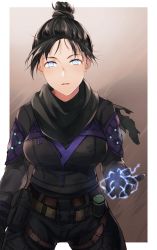 Rule 34 | 1girl, animification, apex legends, arm at side, belt, belt buckle, black bodysuit, black hair, black scarf, blue eyes, bodysuit, breasts, buckle, commentary request, electricity, electrokinesis, gloves, hair bun, hand up, highres, kurage (11649021), legs apart, looking at viewer, medium breasts, ninja, no pupils, nose, parted lips, scarf, short hair, sidelocks, single hair bun, solo, standing, thigh strap, utility belt, wraith (apex legends), zipper