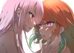 Rule 34 | 2girls, ayumu (ayumu3659), blush, breasts, earrings, feather earrings, feathers, gradient hair, green hair, hololive, hololive english, imminent kiss, jewelry, long hair, looking at another, mori calliope, multicolored hair, multiple girls, open mouth, orange hair, pink hair, portrait, purple eyes, takanashi kiara, virtual youtuber
