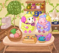Rule 34 | 2girls, :d, ^ ^, animal crossing, bag, basket, blush, blush stickers, bottle, box, closed eyes, coffee table, commentary request, couch, cup, curled horns, etoile (animal crossing), fabric, furry, furry female, hair ornament, hairband, horns, indoors, jar, moai (aoh), multiple girls, needle, nintendo, on couch, open mouth, phonograph, pincushion, pink horns, pink scarf, plaid, plaid scarf, plant, potted plant, purple scarf, record, scarf, scissors, sewing machine, sewing needle, sewing pin, sheep girl, shelf, sitting, smile, spool, star (symbol), star hair ornament, table, willow (animal crossing), wooden floor, yarn, yarn ball, yellow hairband, yellow horns