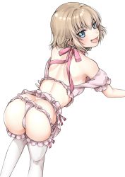 Rule 34 | 1girl, all fours, ass, bare shoulders, blonde hair, blue eyes, blush, breasts, butt crack, fang, girls und panzer, highres, katyusha (girls und panzer), lingerie, looking at viewer, looking up, open mouth, panties, pink panties, short hair, shoulder blades, simple background, small breasts, smile, solo, tarou (komekueyo), thighhighs, underwear, white background, white thighhighs