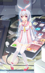 Rule 34 | 1girl, absurdres, animal ears, bow, braid, cellphone, charger, crepe, cup, detached sleeves, eating, food, hair bow, heart, highres, jyt, keyboard, long hair, momona (mvv), mug, nail clippers, open mouth, org.alie.momona, phone, pink bow, pink eyes, rabbit ears, silver hair, sitting, smartphone, solo, thighhighs, very long hair, white thighhighs