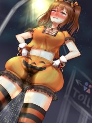 Rule 34 | 1girl, apotea, arrow (symbol), black hat, blush, bow, breasts, brown hair, cleavage, clenched teeth, dutch angle, embarrassed, english text, female focus, from below, gloves, hair bow, hair tie, half-closed eyes, halloween, hands on own hips, hat, have to pee, highres, jewelry, lamppost, legs apart, medium breasts, medium hair, midriff, mini hat, navel, necklace, night, night sky, nose blush, orange bow, orange shirt, orange shorts, orange thighhighs, original, outdoors, peeing, peeing self, polka dot, polka dot bow, puffy shorts, purple eyes, self wedgie, shirt, short shorts, short sleeves, shorts, sign, skindentation, sky, solo, standing, striped clothes, striped thighhighs, sweat, tears, teeth, textless version, thighhighs, trembling, twintails, wedgie, wet, wet clothes, white gloves, witch hat