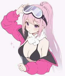 Rule 34 | 1girl, bikini, black bikini, blue archive, breasts, cleavage, eimi (blue archive), eimi (swimsuit) (blue archive), goggles, goggles on head, highres, jacket, large breasts, long hair, long sleeves, official alternate costume, open clothes, open jacket, pink eyes, pink hair, pink jacket, ponytail, scarf, simple background, solo, soybean (hisoybean), swimsuit, upper body, very long hair, white background, white scarf