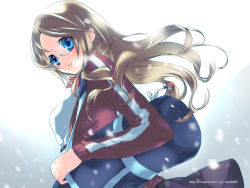 Rule 34 | 1girl, 888, bag, black skirt, blue eyes, breasts, breath, brown hair, buttons, charm (object), duffel bag, from side, glasses, gradient background, jacket, long hair, long sleeves, looking at viewer, looking to the side, medium breasts, open clothes, open jacket, original, over shoulder, parted lips, red jacket, rimless eyewear, shirt, skirt, snowing, solo, upper body, watermark, web address, white shirt, winter, zipper