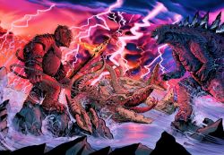 Rule 34 | ape, bill couture, chain, crossover, dinosaur, electricity, emaciated, energy, epic, fire, flaming spear, flaming weapon, giant, giant monster, glowing, godzilla, godzilla (2014), godzilla (series), godzilla vs. kong, gorilla, kaijuu, king kong, king kong (series), kong: skull island, legendary pictures, lightning, monster, monsterverse, muscular, muscular male, no humans, ocean, polearm, purple sky, rain, ribs, rock, sea monster, see-through body, skullcrawler, sky, spear, spikes, storm, tail, toho, translucent, tree, weapon