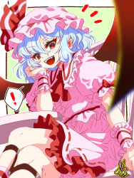Rule 34 | !, 1girl, absurdres, ascot, bat wings, blue hair, blurry, blurry foreground, crossed legs, depth of field, fangs, feet out of frame, frilled shirt, frilled shirt collar, frilled skirt, frilled sleeves, frills, green background, hair between eyes, hand on own chin, hat, hat ribbon, highres, looking at viewer, medium hair, mob cap, open mouth, pink hat, pink shirt, pink skirt, puffy short sleeves, puffy sleeves, red ascot, red eyes, red ribbon, remilia scarlet, ribbon, ribbon-trimmed skirt, ribbon trim, shirt, short sleeves, simple background, skirt, solo, spoken exclamation mark, teeth, touhou, upper teeth only, utyouten akako, wings, wrist cuffs