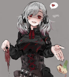 Rule 34 | alternate costume, armor, bad id, bad pixiv id, blood, blood on face, blood on clothes, blush, character name, empty eyes, girls&#039; frontline, hair ribbon, heart, highres, looking at viewer, ribbon, silver hair, spas-12 (girls&#039; frontline), spoken heart, suru (ksoo420), yandere