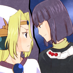 Rule 34 | 1boy, 1girl, angry, blonde hair, bob cut, eye contact, filia ul copt, looking at another, lowres, murage yuri, purple hair, slayers, slayers try, staring, xelloss