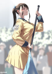 Rule 34 | 1girl, blue bow, blurry, blurry background, bow, breasts, brown eyes, brown hair, closed mouth, commentary request, flag, hair bow, holding, holding flag, jonsun, long sleeves, mami (jonsun), medium breasts, original, outdoors, patch, pleated skirt, ponytail, shirt, short hair, shoulder patch, sidelocks, skirt, solo focus, twitter username, yellow shirt, yellow skirt