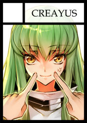 Rule 34 | 1girl, anger vein, black border, border, c.c., circle cut, code geass, creayus, fingers to another&#039;s cheeks, fingersmile, forced smile, green hair, smile, solo focus, yellow eyes