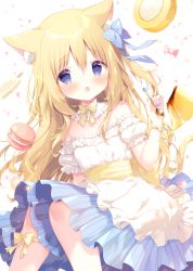 Rule 34 | 1girl, animal ear fluff, animal ears, apron, bare shoulders, blonde hair, blue bow, blue eyes, blue nails, blue skirt, blush, bow, candy wrapper, cat ears, cat girl, cat tail, commentary request, fang, food, frilled apron, frills, hair between eyes, hair bow, holding, holding spoon, long hair, looking at viewer, macaron, nail polish, off-shoulder shirt, off shoulder, open mouth, original, pleated skirt, pudding, puffy short sleeves, puffy sleeves, shiratama (shiratamaco), shirt, short sleeves, skirt, solo, spoon, striped bow, striped clothes, striped skirt, tail, vertical-striped clothes, vertical-striped skirt, very long hair, waist apron, white apron, white background, white shirt