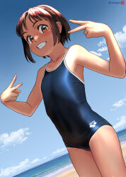 Rule 34 | 1girl, artist name, bare arms, bare shoulders, beach, blue sky, blush, brown eyes, brown hair, cloud, collarbone, commentary request, competition swimsuit, covered navel, cowboy shot, day, double v, flat chest, grin, highres, horizon, looking at viewer, mu-pyon, ocean, one-piece swimsuit, original, paid reward available, school swimsuit, short hair, sky, smile, solo, standing, swimsuit, teeth, v