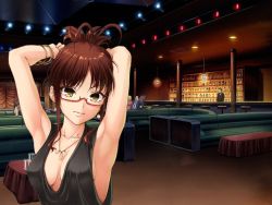 Rule 34 | akizuki ritsuko, alcohol, armpits, arms up, bad id, bad pixiv id, bar (place), black dress, bracelet, breasts, breasts apart, collarbone, couch, dress, extra, idolmaster, idolmaster (classic), indoors, jewelry, kily, light smile, medium breasts, parted lips, plunging neckline, ponytail, semi-rimless eyewear, sideboob, solo focus, upper body