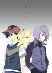 Rule 34 | 2boys, artist request, ash ketchum, baseball cap, black eyes, blue hair, blush stickers, creatures (company), game freak, gen 1 pokemon, hair over one eye, hands in pockets, hat, jacket, long sleeves, male focus, multiple boys, nintendo, paul (pokemon), pikachu, poke ball theme, pokemon, pokemon (anime), pokemon (creature), purple hair, purple jacket, red headwear, short hair, short sleeves, simple background, source request, standing, white background