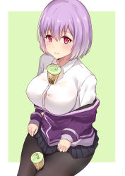 Rule 34 | 1girl, absurdres, between thighs, black pantyhose, black skirt, blush, breasts, bubble tea, bubble tea challenge, button gap, closed mouth, condensation, cup, disposable cup, dress shirt, drinking straw, green background, gridman universe, hair between eyes, hands on own thighs, highres, jacket, large breasts, light smile, lipstick, looking at viewer, makeup, miniskirt, off shoulder, pantyhose, pink lips, pleated skirt, purple jacket, red eyes, shinjou akane, shirt, short hair, sitting, skirt, smile, solo, ssss.gridman, tareme, thighs, two-tone background, wet, wet clothes, wet shirt, white background, white shirt, ying jing meng