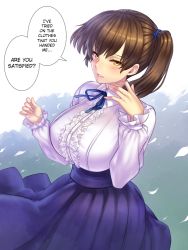 Rule 34 | 10s, 1girl, alternate costume, blush, breasts, brown hair, female focus, gradient background, hard-translated, kaga (kancolle), kantai collection, large breasts, meme attire, short hair, side ponytail, skirt, solo, third-party edit, translated, virgin killer outfit, yapo (croquis side), yellow eyes