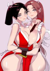 Rule 34 | 2girls, arm guards, artist name, asymmetrical docking, bare shoulders, between breasts, black hair, blush, breast press, breasts, brown eyes, brown hair, cleavage, closed mouth, cowboy shot, dual persona, dytm, fatal fury, female focus, folded fan, folding fan, forehead, hand fan, high ponytail, highres, holding, holding fan, huge breasts, japanese clothes, large breasts, lips, long hair, looking at viewer, multiple girls, ninja, pelvic curtain, ponytail, revealing clothes, rope, shiranui mai, sideboob, simple background, smile, standing, the king of fighters, thighs, very long hair, yuri