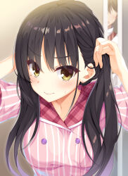 Rule 34 | &gt;:), 1boy, 1girl, alternate hairstyle, aria (koiiroharemoyou), arms up, black hair, blurry, blush, breasts, buttons, cafe stella to shinigami no chou, collar, commentary, depth of field, earrings, eyelashes, fingernails, hair between eyes, head tilt, highres, holding, holding hair, indoors, jacket, jewelry, large breasts, lips, long hair, looking at viewer, mole, mole under eye, pink jacket, pinstripe jacket, pinstripe pattern, plaid collar, red collar, shiki natsume, sidelocks, smile, spiked hair, striped, stud earrings, sweatdrop, takamine kousei, twintails, twintails day, v-shaped eyebrows, very long hair, waitress, yellow eyes