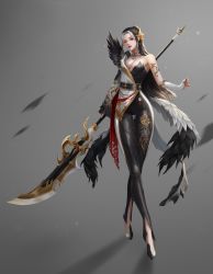 Rule 34 | 1girl, armlet, bare shoulders, black hair, blueship4985, breasts, choker, crossed legs, detached sleeves, earrings, feathers, full body, grey background, hair ornament, highres, holding, holding polearm, holding weapon, jewelry, long hair, looking at viewer, medium breasts, mole, mole under eye, multicolored hair, original, parted lips, polearm, red eyes, solo, spear, streaked hair, upper body, watson cross, weapon, white hair