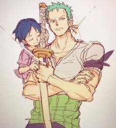 Rule 34 | 1boy, 1girl, aokamei, blue hair, closed eyes, closed mouth, crossed arms, earrings, green hair, highres, holding, holding sword, holding weapon, jewelry, katana, kuina, one piece, roronoa zoro, short hair, single earring, smile, sword, time paradox, weapon