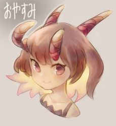 Rule 34 | 1girl, blonde hair, brown eyes, brown hair, closed mouth, colored inner hair, grey background, grey outline, horns, looking at viewer, multicolored hair, multiple horns, okame nin, original, portrait, smile, solo, two-tone hair
