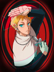Rule 34 | 1boy, arrow (symbol), blonde hair, cross, cross necklace, earbuds, earphones, empty eyes, highres, jewelry, justin law, necklace, patterned background, priest, skull, skull necklace, skull ornament, solo, soul eater, user yddr3472, vestments