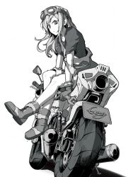 Rule 34 | 1girl, artist name, boots, closed mouth, coezi2, expressionless, gloves, goggles, goggles on head, greyscale, holding, holding wrench, license plate, long hair, looking at viewer, monochrome, motor vehicle, motorcycle, original, short sleeves, sitting, solo, wrench