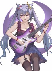 Rule 34 | 1girl, artist name, bare shoulders, black thighhighs, bow, breasts, cleavage, cone hair bun, double bun, dress, electric guitar, frilled dress, frills, garter straps, genshin impact, guitar, hair bow, hair bun, hair ornament, hairclip, highres, instrument, keqing (genshin impact), large breasts, looking at viewer, nail polish, panties, panty peek, parted lips, plectrum, purple dress, purple eyes, purple hair, senamashiro, sleeveless, sleeveless dress, smile, solo, thighhighs, twintails, underwear, wristband