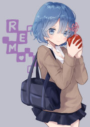 Rule 34 | 1girl, apple, bag, blue eyes, blue hair, blue skirt, blush, breasts, brown sweater, character name, cleavage, closed mouth, collared shirt, commentary request, cowboy shot, enbi (user jxwh7224), eyebrows hidden by hair, food, fruit, hair ornament, hairclip, hands up, heart, highres, holding, holding food, holding fruit, lipstick, long sleeves, looking at viewer, makeup, purple background, re:zero kara hajimeru isekai seikatsu, red apple, rem (re:zero), school uniform, shirt, short hair, skirt, smile, solo, standing, sweater, white shirt