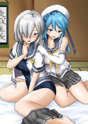 Rule 34 | 10s, 2girls, beret, blouse, blue eyes, blue hair, breasts, clothes lift, competition school swimsuit, competition swimsuit, double bun, elbow gloves, gloves, hair bun, hair ornament, hair over one eye, hairclip, hamakaze (kancolle), hat, kantai collection, large breasts, multiple girls, neckerchief, one-piece swimsuit, sailor hat, school swimsuit, school uniform, scroll, serafuku, shirt, short hair, silver hair, sitting, skirt, skirt lift, sleeves rolled up, swimsuit, swimsuit under clothes, tachi (mtd), urakaze (kancolle), white gloves, white hat, white shirt, yellow neckerchief