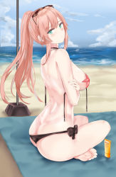Rule 34 | 1girl, aqua eyes, ass, bare arms, bare shoulders, beach, beach mat, bikini, black bikini, blush, breast hold, breasts, butt crack, cloud, cloudy sky, commentary request, day, eyewear on head, from side, frown, girls&#039; frontline, halterneck, highres, horizon, indian style, large breasts, long hair, looking at viewer, looking to the side, lotion bottle, ocean, official alternate costume, outdoors, pink hair, ponytail, r93 (girls&#039; frontline), r93 (holiday lucky star) (girls&#039; frontline), ru zhai, side-tie bikini bottom, sidelocks, sitting, sky, solo, starfish, sunglasses, swimsuit, toes, untied bikini