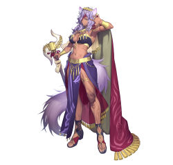 Rule 34 | 1girl, absurdres, animal ears, armpits, azusa (hws), bracelet, breasts, cane, cape, commentary request, criss-cross halter, dark-skinned female, dark skin, eyepatch, fingernails, fire emblem, fire emblem: radiant dawn, fire emblem heroes, full body, gold trim, green eyes, halterneck, hand up, highres, holding, jewelry, long hair, looking at viewer, medium breasts, midriff, nailah (fire emblem), navel, nintendo, official art, parted lips, pelvic curtain, purple eyes, ring, simple background, solo, standing, stomach, tail, tattoo, toeless footwear, toes, white background, wolf ears, wolf tail