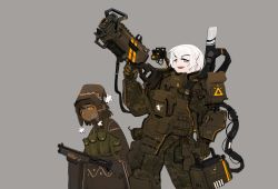Rule 34 | 2girls, absurdres, assault rifle, brown gloves, camouflage, camouflage pants, closed mouth, dark-skinned female, dark skin, gloves, grey background, grey eyes, gun, highres, holding, holding gun, holding weapon, looking at viewer, medium hair, military, military uniform, multiple girls, orange eyes, original, pants, polilla, pouch, rifle, sharp teeth, shotgun, simple background, smile, teeth, uniform, upper teeth only, vest, weapon, white hair