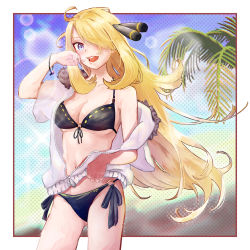 Rule 34 | 1girl, absurdres, annmitsu114, bikini, black bikini, blonde hair, breasts, cleavage, contrapposto, cowboy shot, creatures (company), cynthia (pokemon), fur-trimmed jacket, fur trim, game freak, grey eyes, hair over one eye, highres, jacket, large breasts, lens flare, long hair, looking at viewer, nintendo, open mouth, palm leaf, pokemon, pokemon dppt, side-tie bikini bottom, solo, standing, swimsuit, swimsuit cover-up, teeth, upper teeth only, very long hair, white jacket