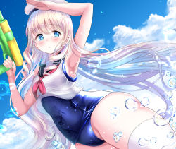 Rule 34 | 1girl, arm up, armpits, bad id, bad pixiv id, blonde hair, blue eyes, blue sailor collar, blush, breasts, cloud, commentary request, crop top, day, hat, holding, long hair, looking at viewer, medium breasts, neckerchief, old school swimsuit, one-piece swimsuit, original, outdoors, parted lips, peaked cap, ponytail korosuke, red neckerchief, revision, sailor collar, salute, school swimsuit, shiny clothes, solo, super soaker, swimsuit, swimsuit under clothes, thighhighs, very long hair, water, water gun, white hat, white thighhighs