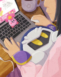 Rule 34 | 1other, blue eyes, blush stickers, cable, candy, computer, cup, food, highres, kirby, kirby (series), laptop, macbook, mask, meta knight, miclot, mug, nintendo, open mouth, pink footwear, pink sweater, purple skirt, shoes, skirt, smile, sweater, table, yellow eyes