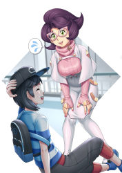 Rule 34 | 1boy, 1girl, absurdres, age difference, akazai, arm support, backpack, badge, bag, baseball cap, black bag, black hair, black headwear, black pants, blue bag, blue footwear, blue shirt, boots, breasts, capelet, capri pants, closed eye, creatures (company), elio (pokemon), eyelashes, fingernails, flying sweatdrops, furrowed brow, game freak, glasses, green eyes, hands on own thighs, hat, high-waist skirt, high collar, highres, hip focus, knee up, knees together feet apart, large breasts, leaning forward, lips, long sleeves, looking at another, nail polish, nintendo, open hand, open mouth, pants, pink-framed eyewear, pink lips, pink nails, pink sweater, pokemon, pokemon sm, purple hair, railing, red pants, ribbed sweater, scratching head, shirt, shoes, short hair, short sleeves, side slit, sitting, skirt, sleeves past wrists, smile, speech bubble, spoken flying sweatdrops, striped clothes, striped shirt, sweater, swept bangs, symbol, t-shirt, taut clothes, taut sweater, teeth, thick eyebrows, thigh boots, thighhighs, tongue, turtleneck, turtleneck sweater, upper teeth only, white background, white capelet, white shirt, white skirt, white thighhighs, wicke (pokemon), wide hips