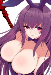 Rule 34 | 1girl, animal ears, bare shoulders, blush, breasts, cleavage, closed mouth, collarbone, detached collar, fake animal ears, fate/grand order, fate (series), gae bolg (fate), han (jackpot), large breasts, leotard, long hair, looking at viewer, official alternate costume, pink eyes, playboy bunny, polearm, purple hair, purple leotard, rabbit ears, scathach (fate), scathach (piercing bunny) (fate), simple background, smile, spear, weapon, white background