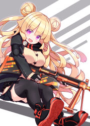 Rule 34 | 1girl, :d, black footwear, black gloves, black scarf, black skirt, black thighhighs, blonde hair, breasts, brown sweater, commentary request, double bun, girls&#039; frontline, gloves, gun, hair bun, harada (sansei rain), highres, hk23, hk23 (girls&#039; frontline), holding, holding gun, holding weapon, large breasts, long hair, long sleeves, looking at viewer, machine gun, name connection, object namesake, open mouth, pleated skirt, purple eyes, scarf, shoe soles, shoes, sitting, skirt, smile, solo, sweater, thighhighs, two side up, very long hair, weapon
