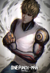 Rule 34 | 1boy, artist name, black sclera, blonde hair, closed mouth, colored sclera, commentary, cyborg, english commentary, english text, genos, greenteaa, looking at viewer, male focus, one-punch man, short hair, solo, yellow eyes