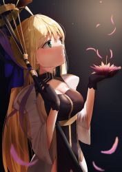 Rule 34 | 1girl, absurdres, artoria caster (fate), artoria caster (third ascension) (fate), artoria pendragon (fate), black dress, blonde hair, blue bow, blush, bow, breasts, dress, fate/grand order, fate (series), flower, green eyes, hair bow, highres, holding, holding flower, holding staff, iro (boo iro), long hair, medium breasts, petals, solo, staff, white sleeves