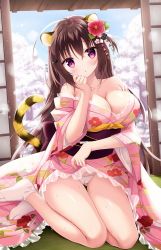 Rule 34 | 1girl, :o, animal ears, architecture, bare shoulders, blue sky, blush, breasts, brown hair, cameltoe, character request, chinese zodiac, cleavage, cleft of venus, clothes lift, collarbone, commentary request, copyright request, crossed bangs, day, east asian architecture, floral print, flower, flower request, frilled panties, frills, gluteal fold, hair between eyes, hair flower, hair ornament, hairclip, heart, heart-shaped pupils, indoors, japanese clothes, kimono, kimono lift, large breasts, lifting own clothes, long hair, looking at viewer, obi, off shoulder, panties, parted lips, pink kimono, print kimono, purple eyes, red flower, sash, shiromochi sakura, sitting, sky, solo, symbol-shaped pupils, tabi, tail, tail raised, tatami, tiger ears, tiger girl, tiger tail, underwear, white legwear, white panties, wide sleeves, year of the tiger, yokozuwari