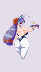 Rule 34 | 1girl, absurdres, ass, breasts, condom, glasses, gluko, hand on own hip, highres, large breasts, leotard, mon colle knights, open mouth, playboy bunny, purple hair, rabbit ears, rabbit tail, rokumon tengai mon colle knight, solo, standing, tagme, tray