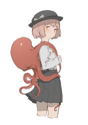 Rule 34 | 1girl, animal, animal on back, black headwear, black skirt, blush, bow, brown eyes, brown hair, child, closed mouth, clothes lift, grey background, grey bow, half-closed eyes, hat, hat bow, holding, holding animal, light brown hair, looking back, mogumo, octopus, original, shirt tucked in, short hair, simple background, skirt, skirt lift