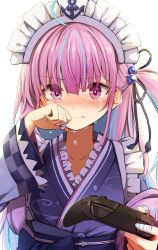 Rule 34 | 1girl, anchor symbol, blush, controller, crying, frilled kimono, frills, game controller, hand on own cheek, hand on own face, highres, hololive, japanese clothes, kimono, long hair, looking at viewer, maid headdress, minato aqua, minato aqua (new year), multicolored hair, nintendo switch pro controller, pink eyes, pink hair, solo, streaked hair, summer tail720, taped fingers, very long hair, virtual youtuber